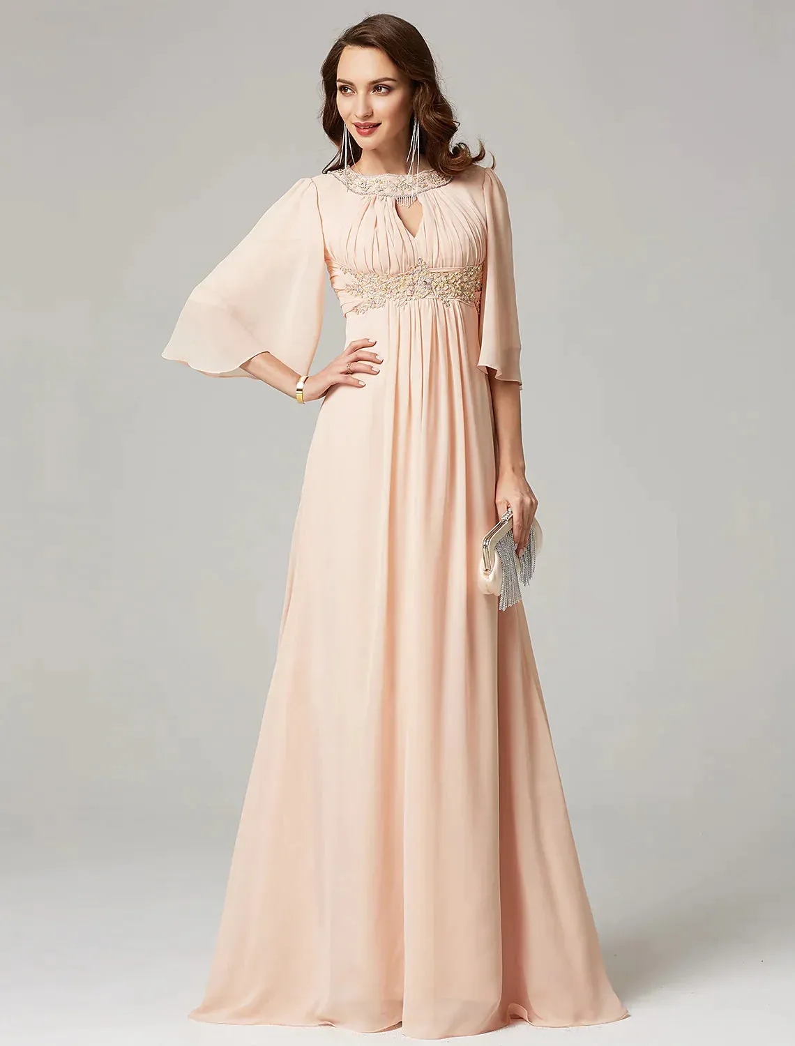 A-Line Evening Dresses Elegant Dress Wedding Half Sleeve Jewel Neck Chiffon with Beading Draping