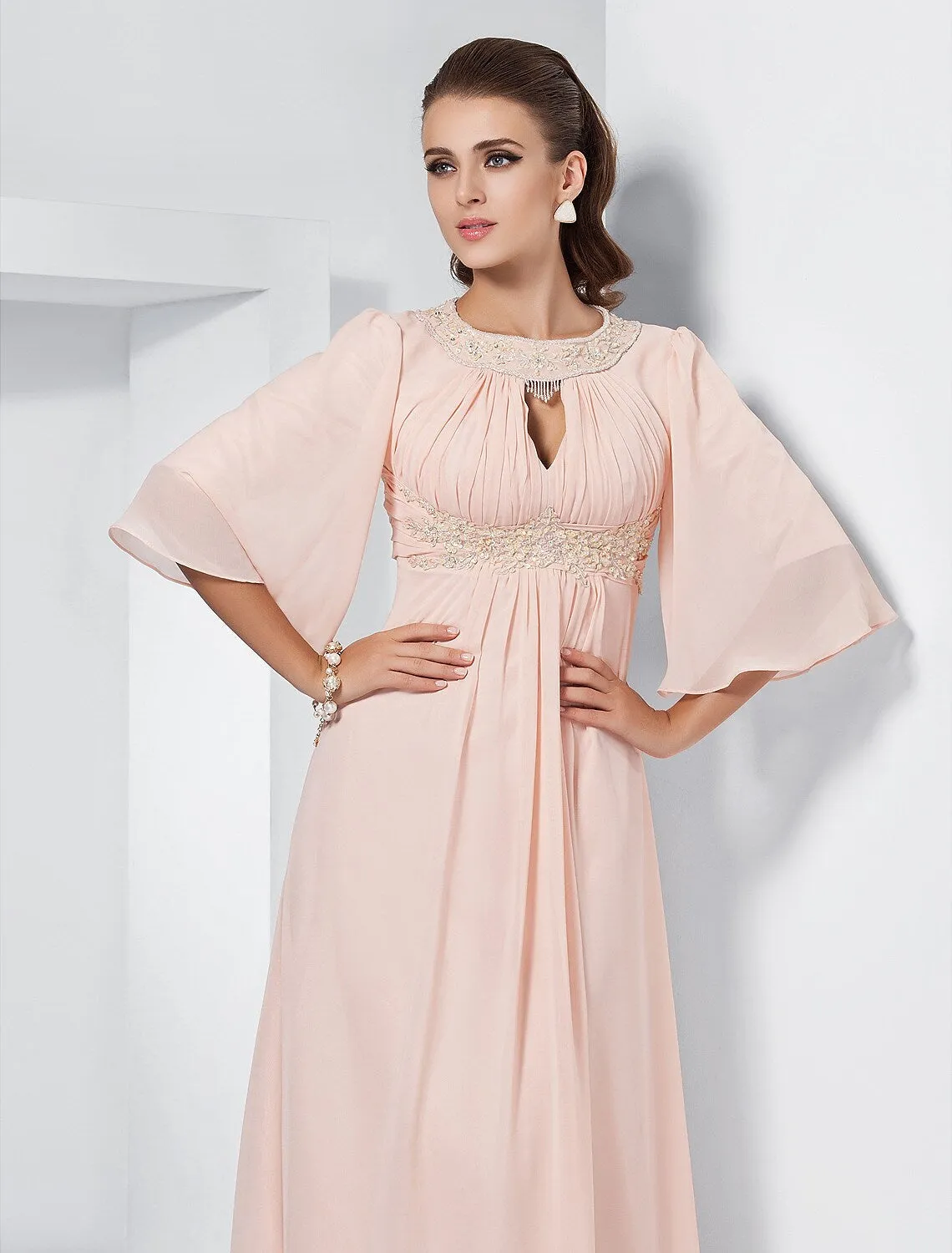 A-Line Evening Dresses Elegant Dress Wedding Half Sleeve Jewel Neck Chiffon with Beading Draping