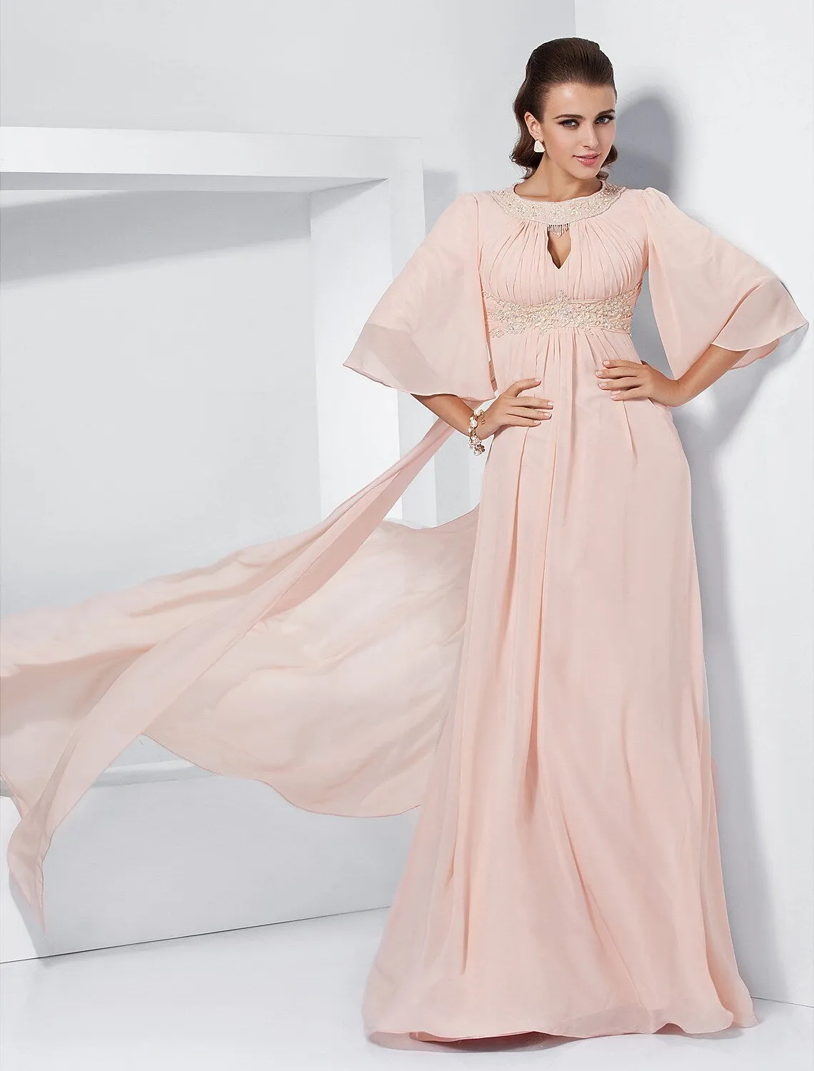 A-Line Evening Dresses Elegant Dress Wedding Half Sleeve Jewel Neck Chiffon with Beading Draping