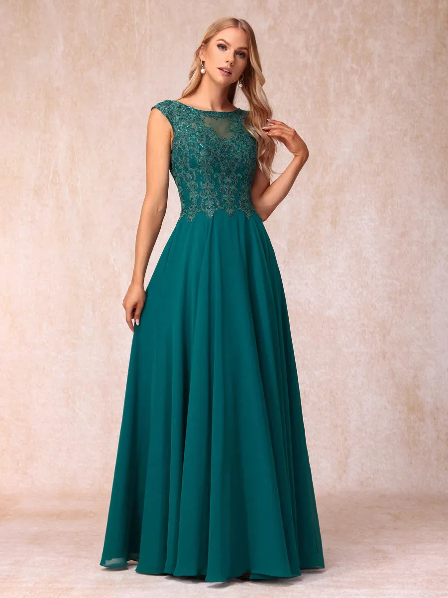 A-Line/Princess Sheer Neck Sleeveless Long Formal Evening Dresses With Beading