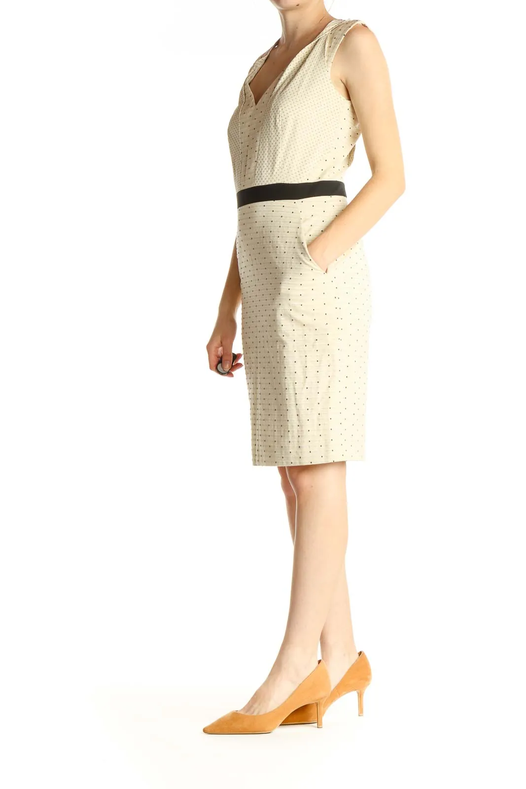 Beige Polka Dot Work Sheath Dress