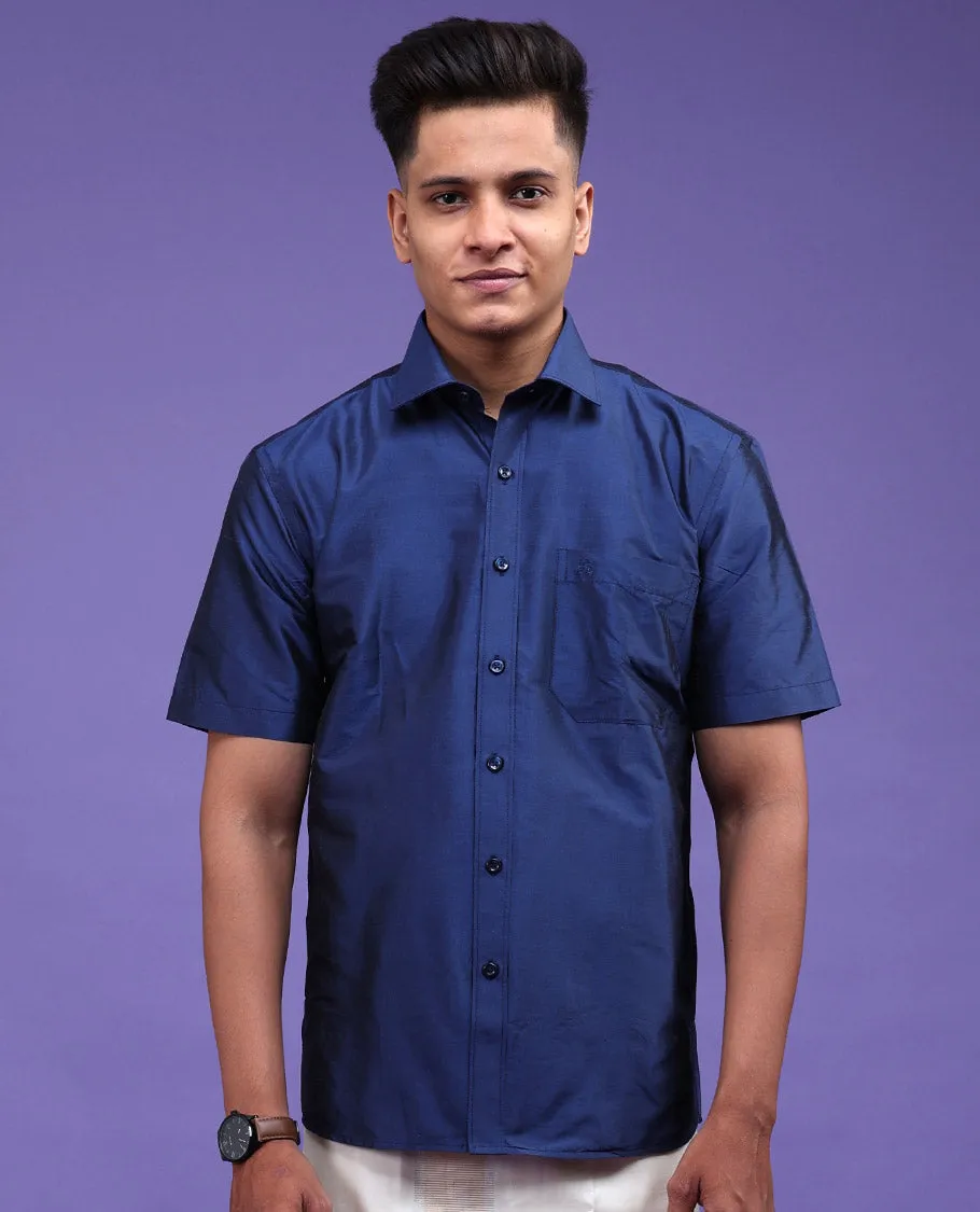 Berry blue pure-silk plain design short-sleeve shirt