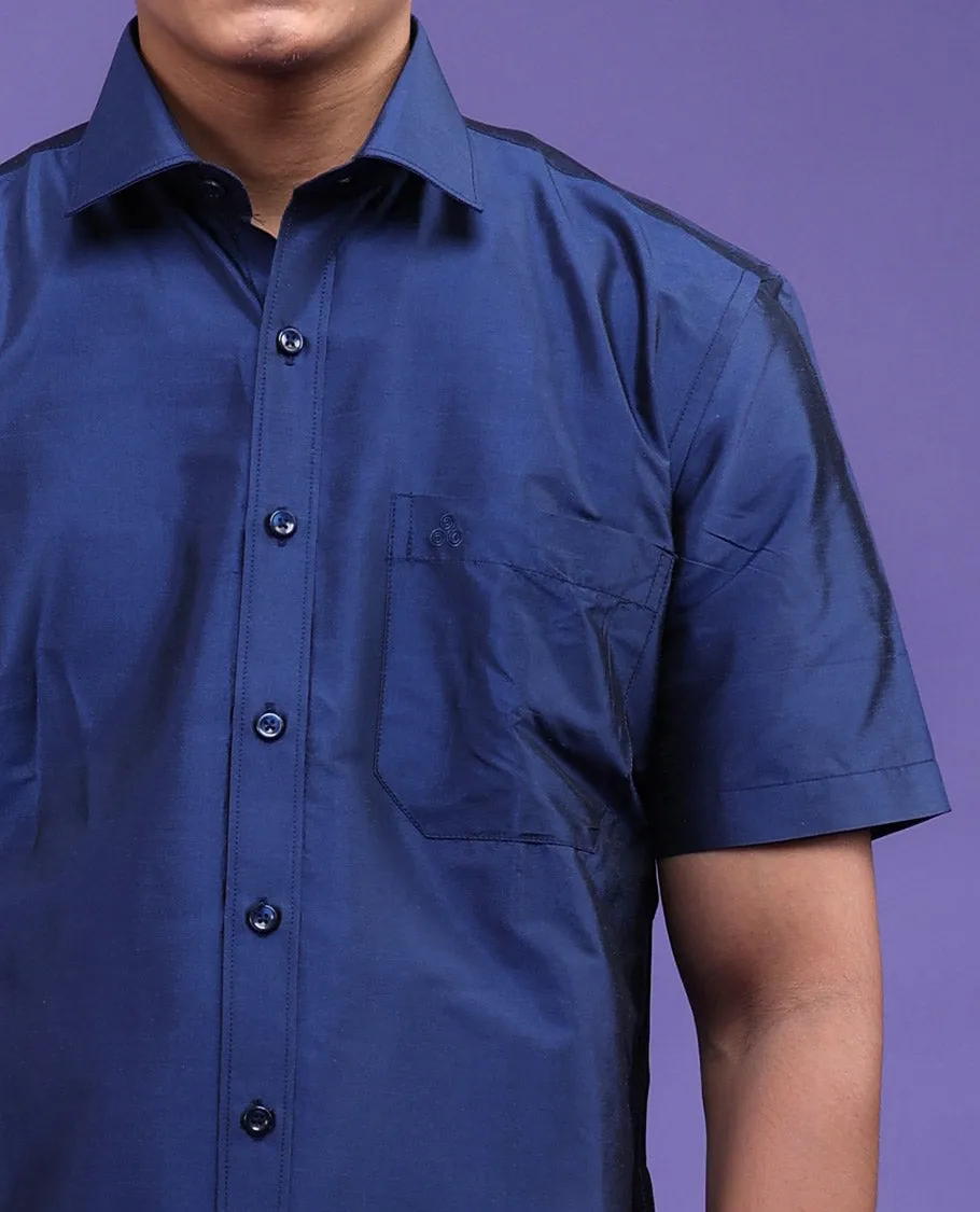 Berry blue pure-silk plain design short-sleeve shirt