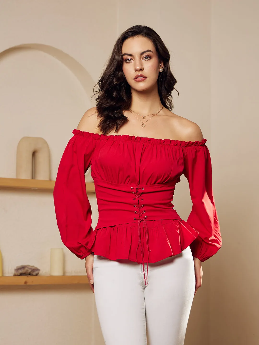 Berrylush Women Red Solid Off-Shoulder Neck Bishop Sleeves Lace-Up Crepe Smocked Crop Peplum Top