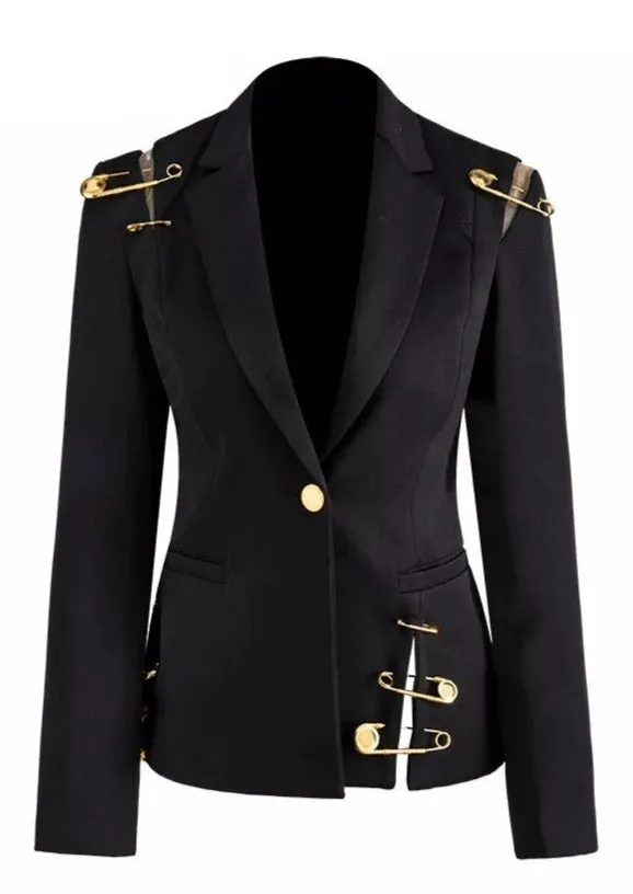 Black Blazer With Golden Safety Pin Trims