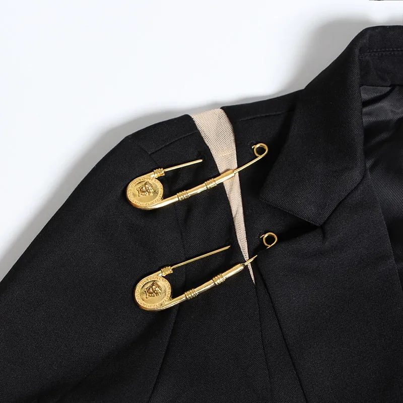 Black Blazer With Golden Safety Pin Trims