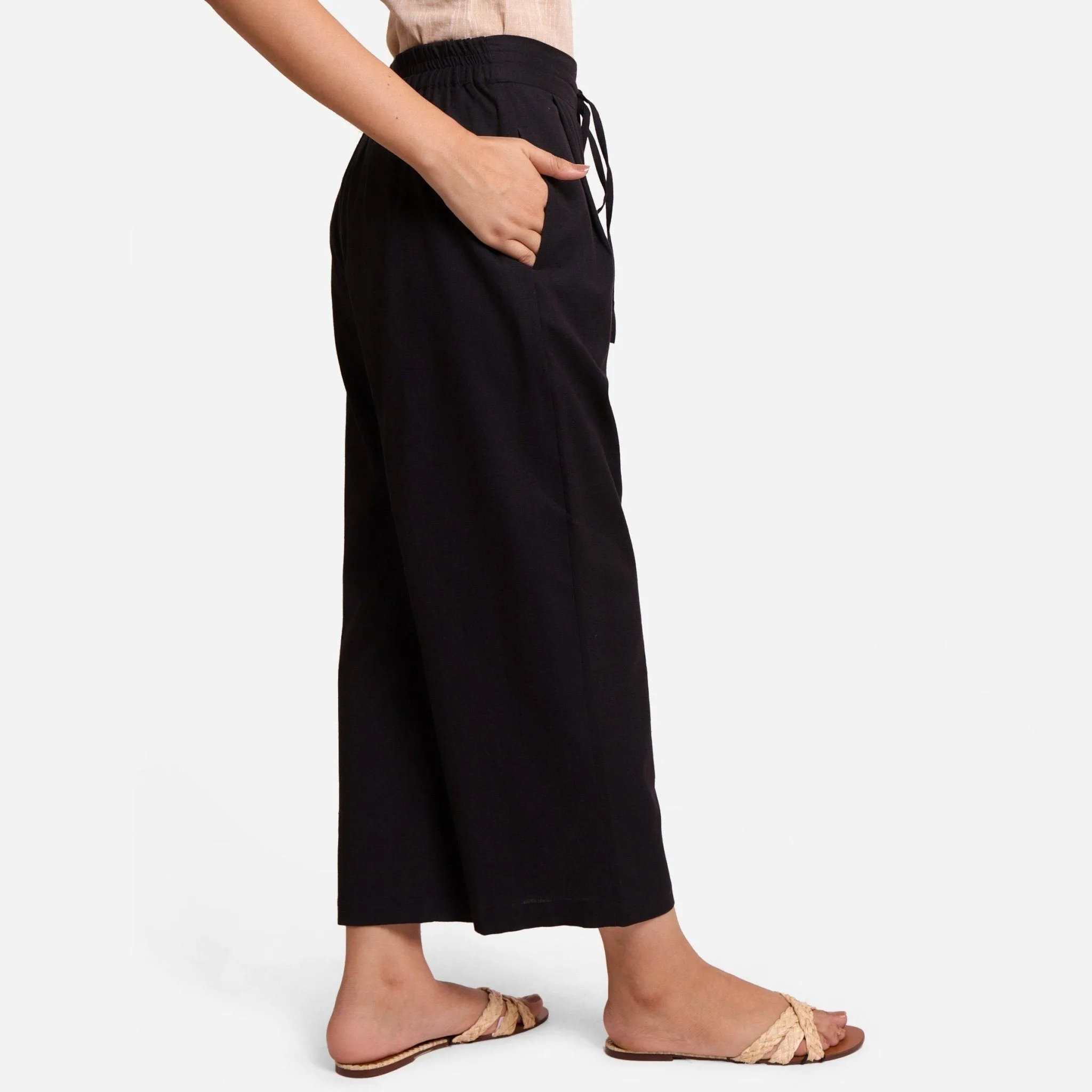 Black Cotton Flax Elasticated Relaxed Fit Wide Legged Pant