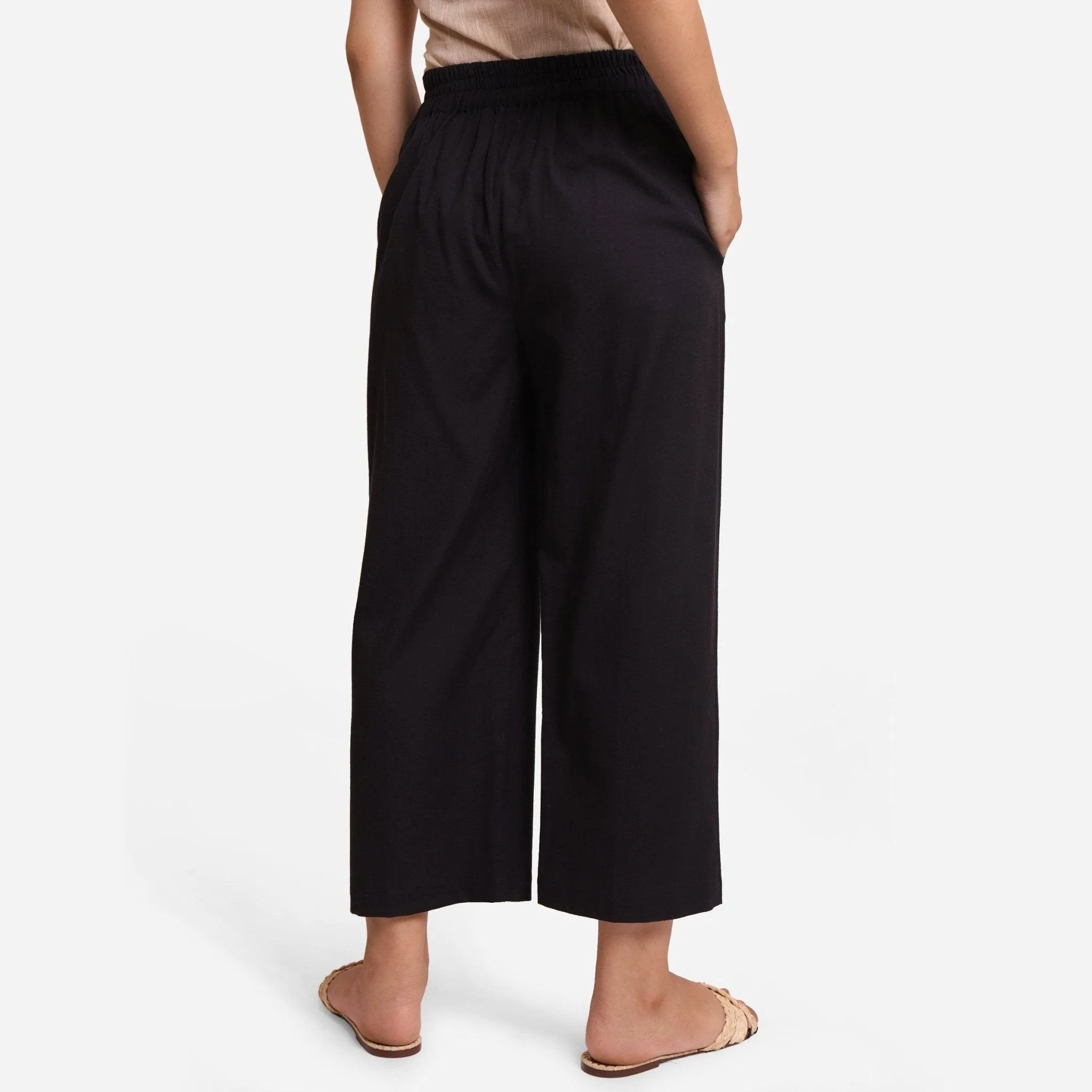 Black Cotton Flax Elasticated Relaxed Fit Wide Legged Pant