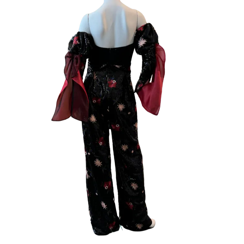 Black Floral Sequin Long Sleeve Jumpsuit