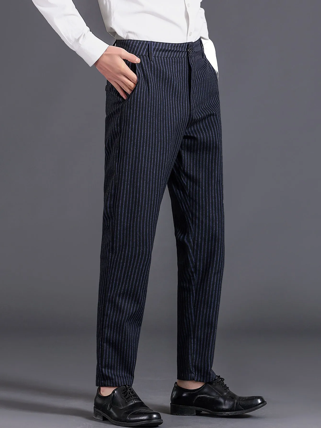 Black Striped Print Slant Pocket Tailored Pants