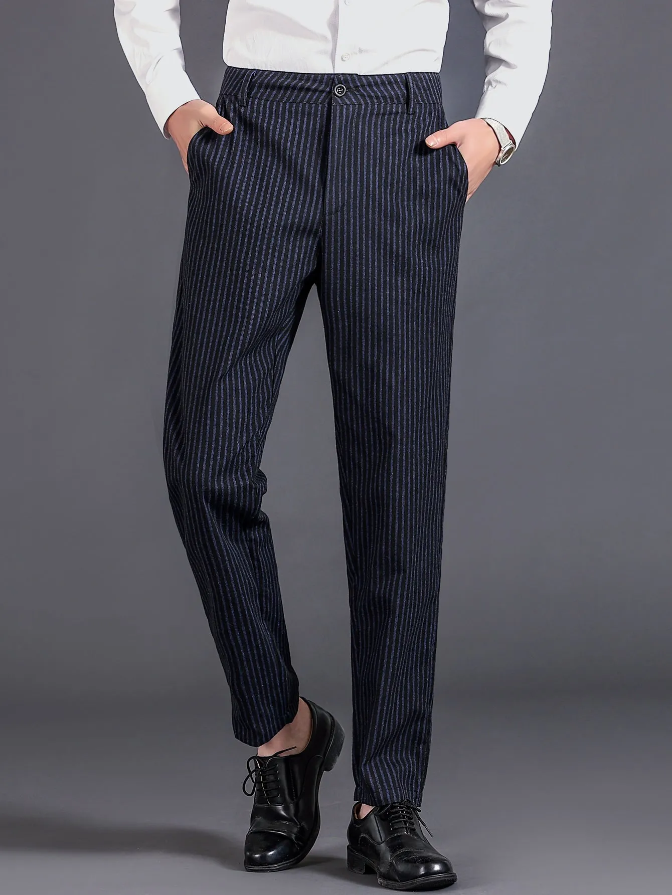 Black Striped Print Slant Pocket Tailored Pants