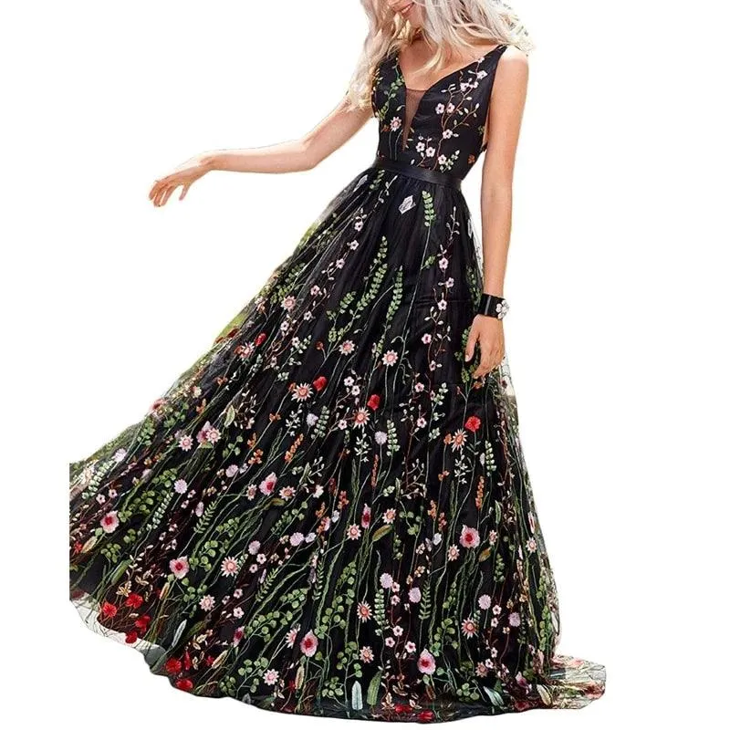 Black Tulle With Flower Embroidery Evening Dress