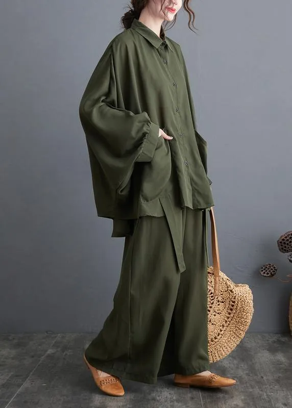 Blackish Green Two Piece Leisure Wide Legged Pants With Spring Art Loose Chiffon Shirt