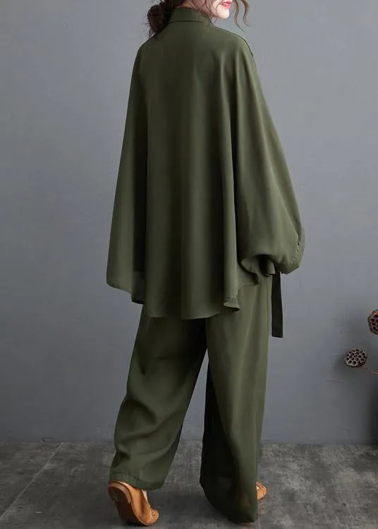 Blackish Green Two Piece Leisure Wide Legged Pants With Spring Art Loose Chiffon Shirt