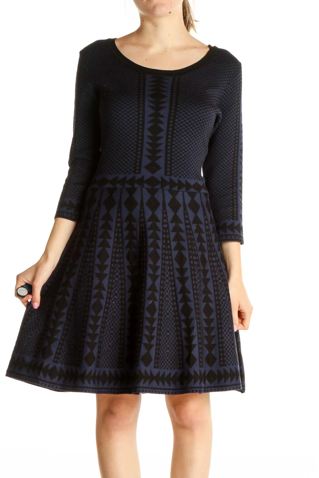 Blue Textured Classic Fit & Flare Dress