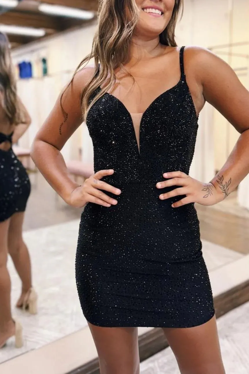 Bodycon V Neck Beaded Tight Homecoming Dresses