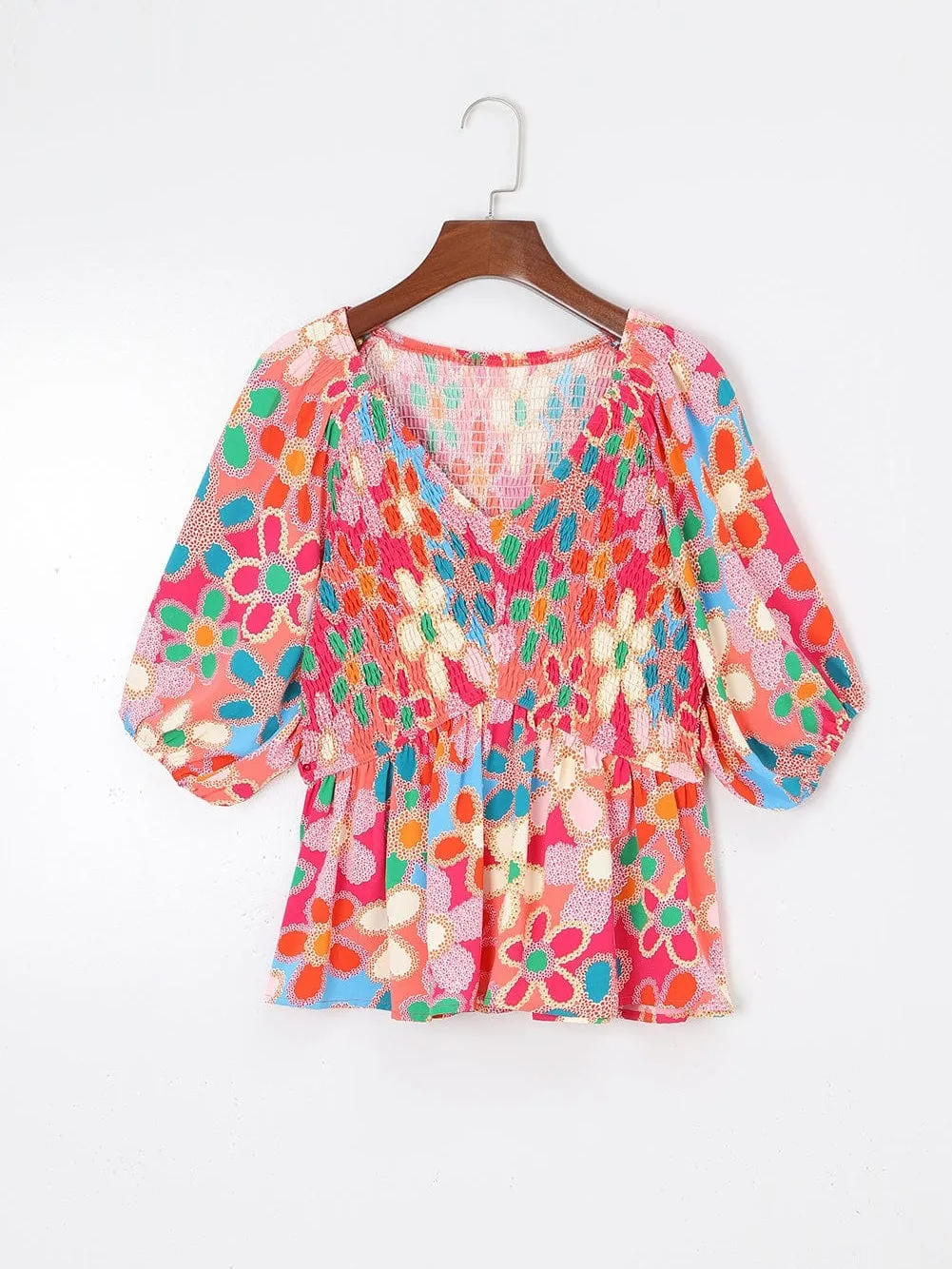 Bohemian Pink Floral Print Puff Sleeve Peplum Blouse