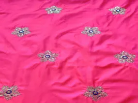 Bright Pink Golden Dori and Sequins Flowers Embroidered Taffeta Silk Fabric