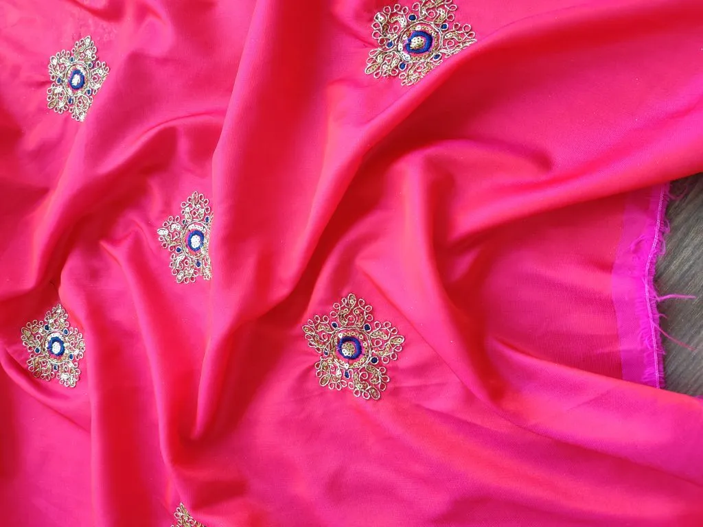 Bright Pink Golden Dori and Sequins Flowers Embroidered Taffeta Silk Fabric