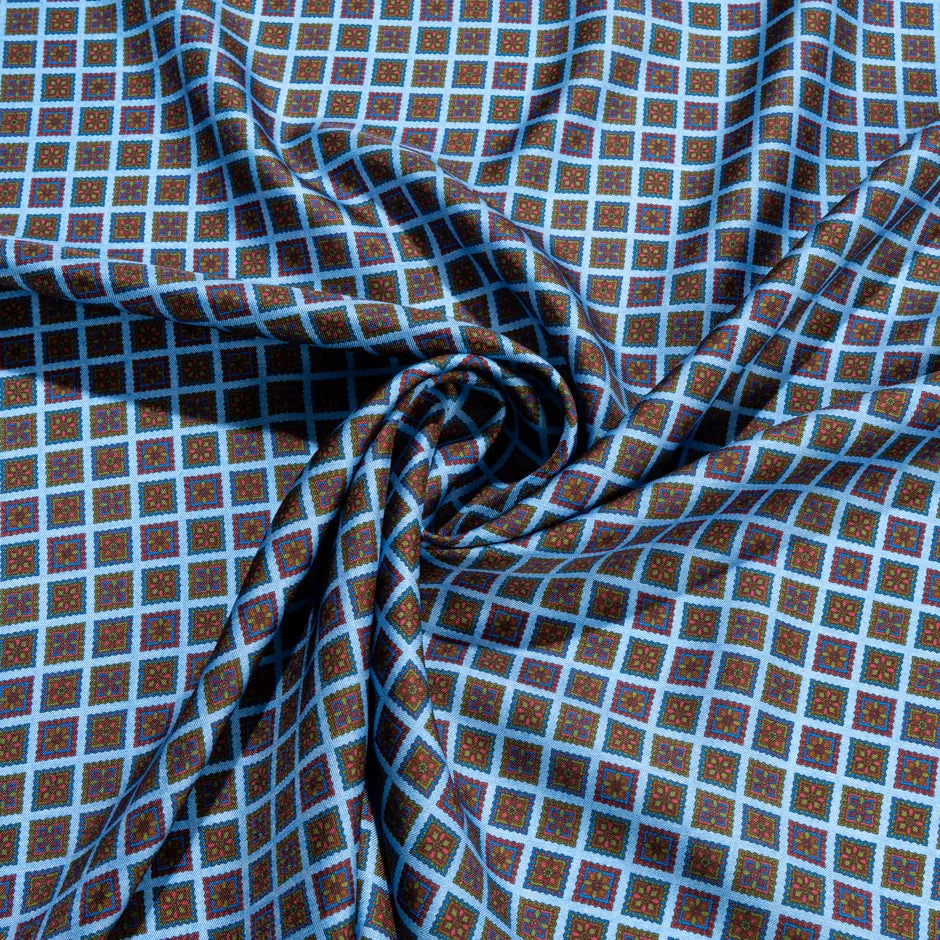 Brown & Blue Floral Square Geo Printed Pure Silk Twill