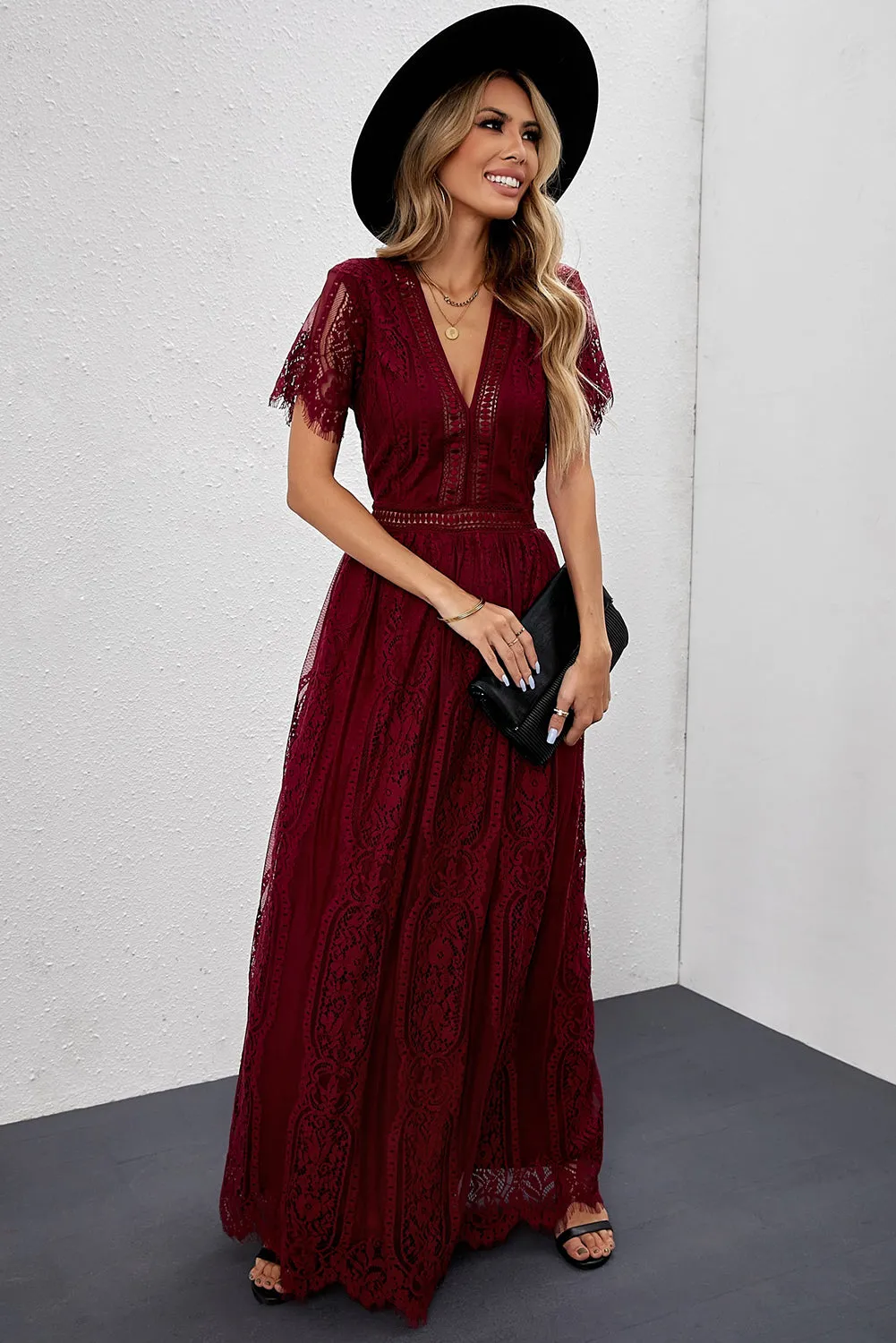 Burgundy Lace Maxi Party Dress