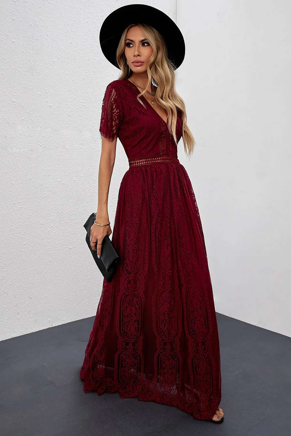 Burgundy Lace Maxi Party Dress