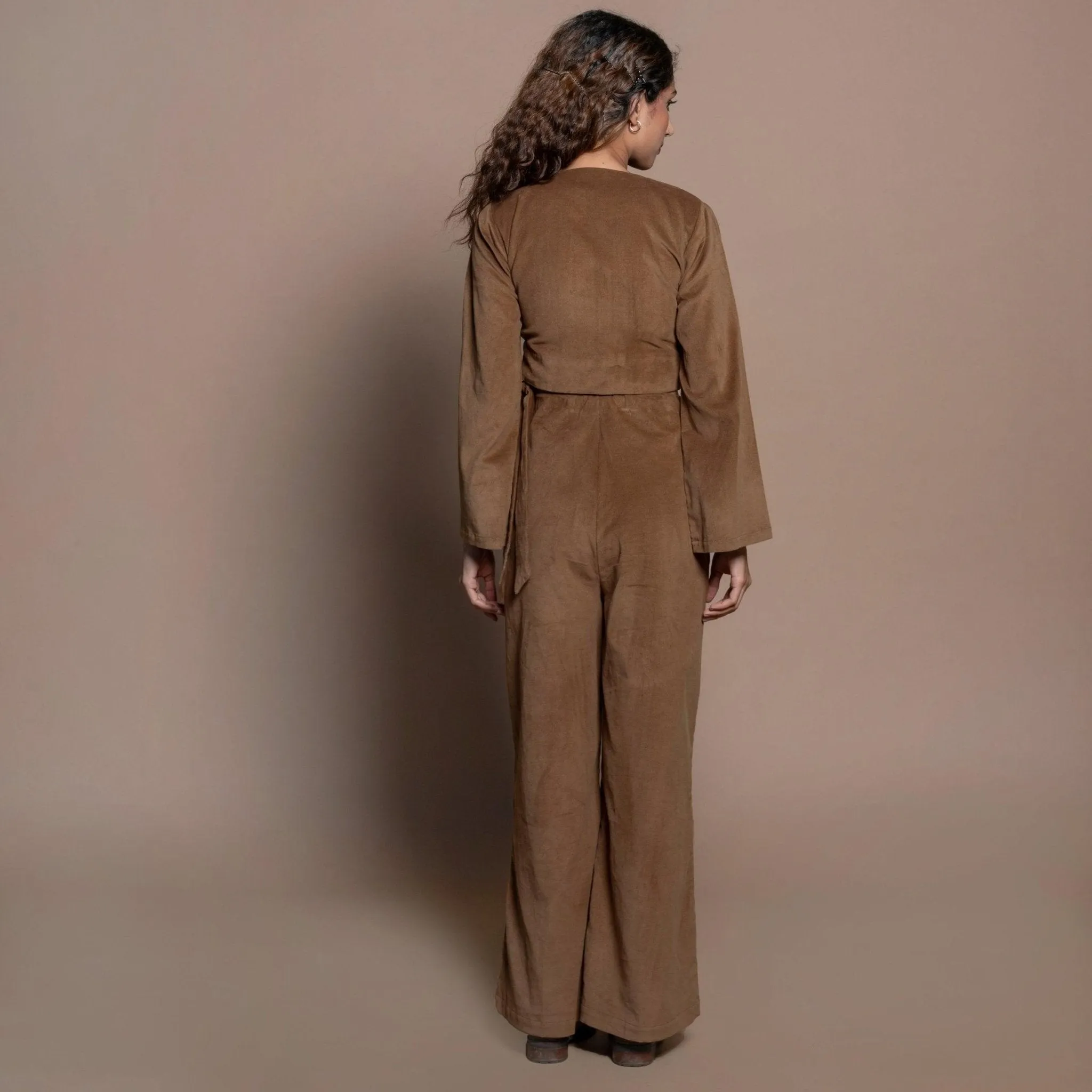 Camel Brown Cotton Velvet Elasticated Wide Legged Pant