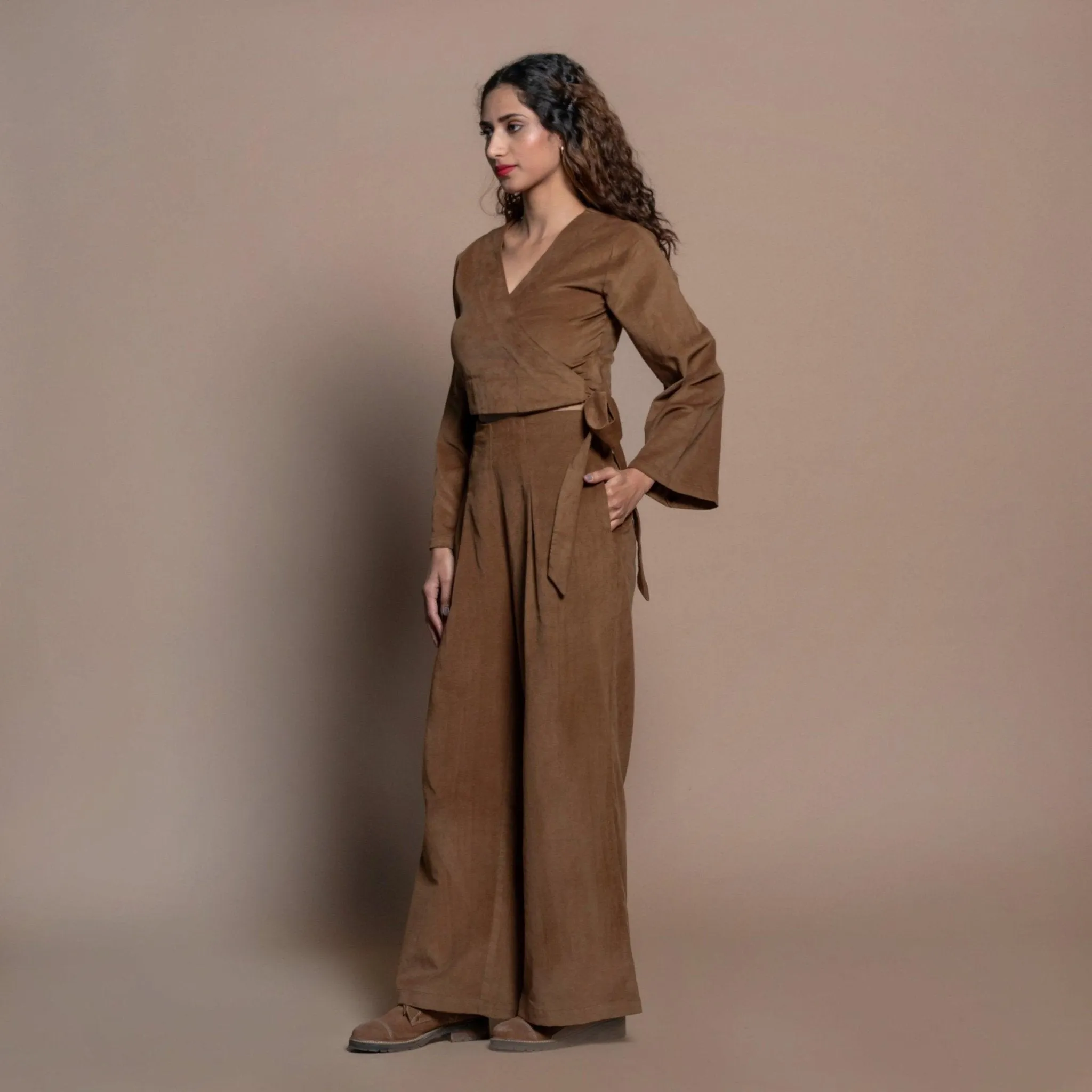 Camel Brown Cotton Velvet Elasticated Wide Legged Pant