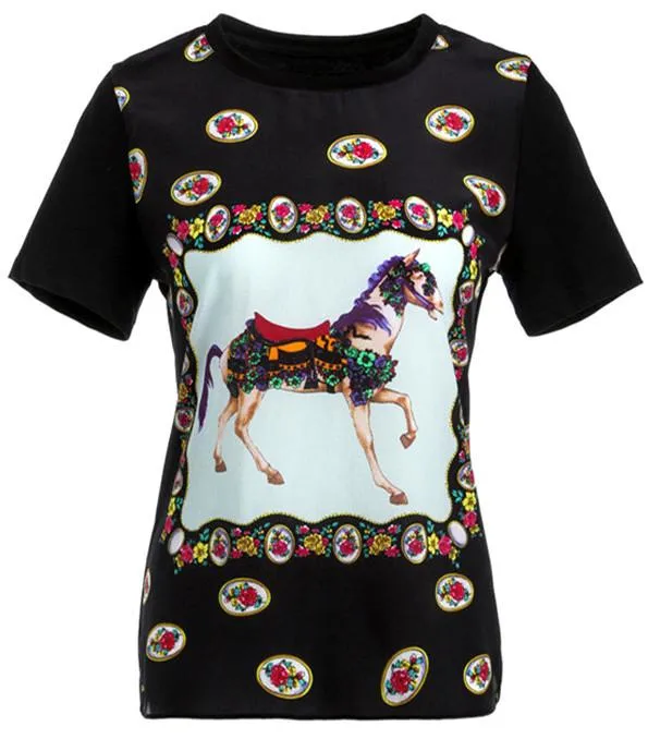 Carnival Horse Printed Silk T-Shirt, Black