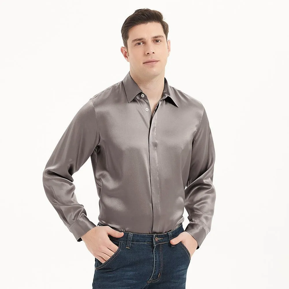 Classic Mens Silk Shirts Long Sleeves Hidden Button Business Silk Shirt