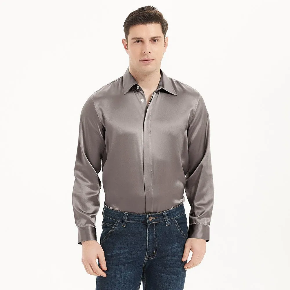 Classic Mens Silk Shirts Long Sleeves Hidden Button Business Silk Shirt