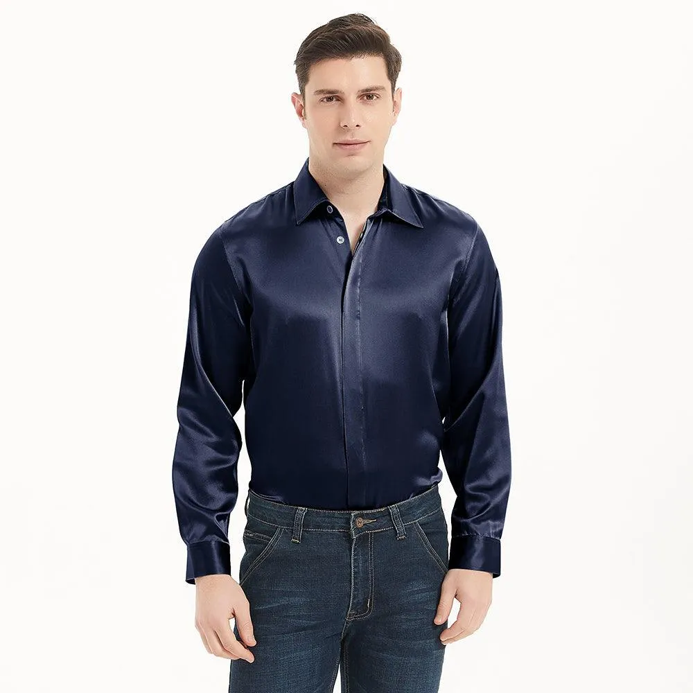 Classic Mens Silk Shirts Long Sleeves Hidden Button Business Silk Shirt