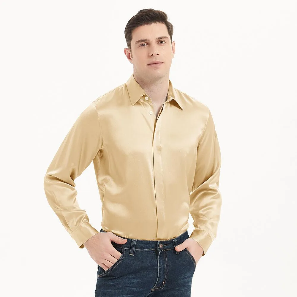 Classic Mens Silk Shirts Long Sleeves Hidden Button Business Silk Shirt