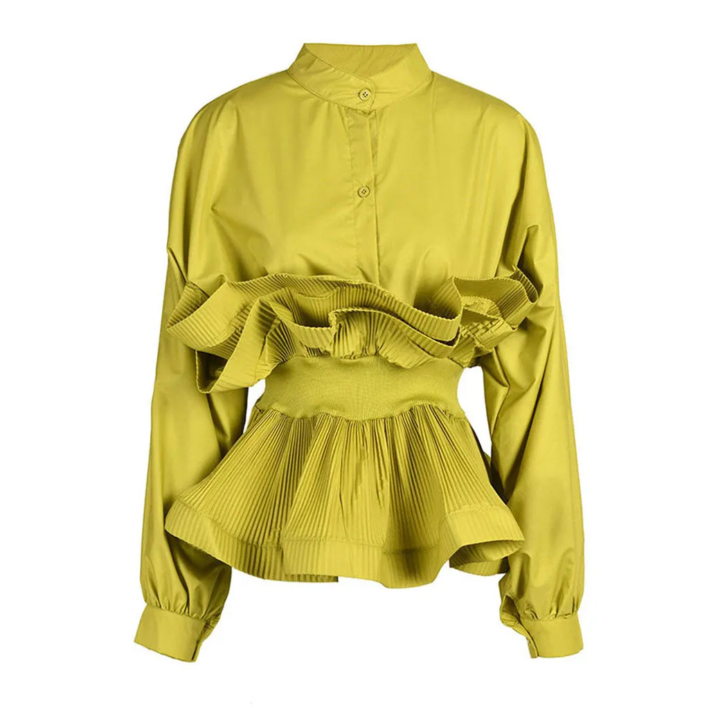 Classy Stand Collar Long Sleeve Button Down Ruffled Peplum Blouse