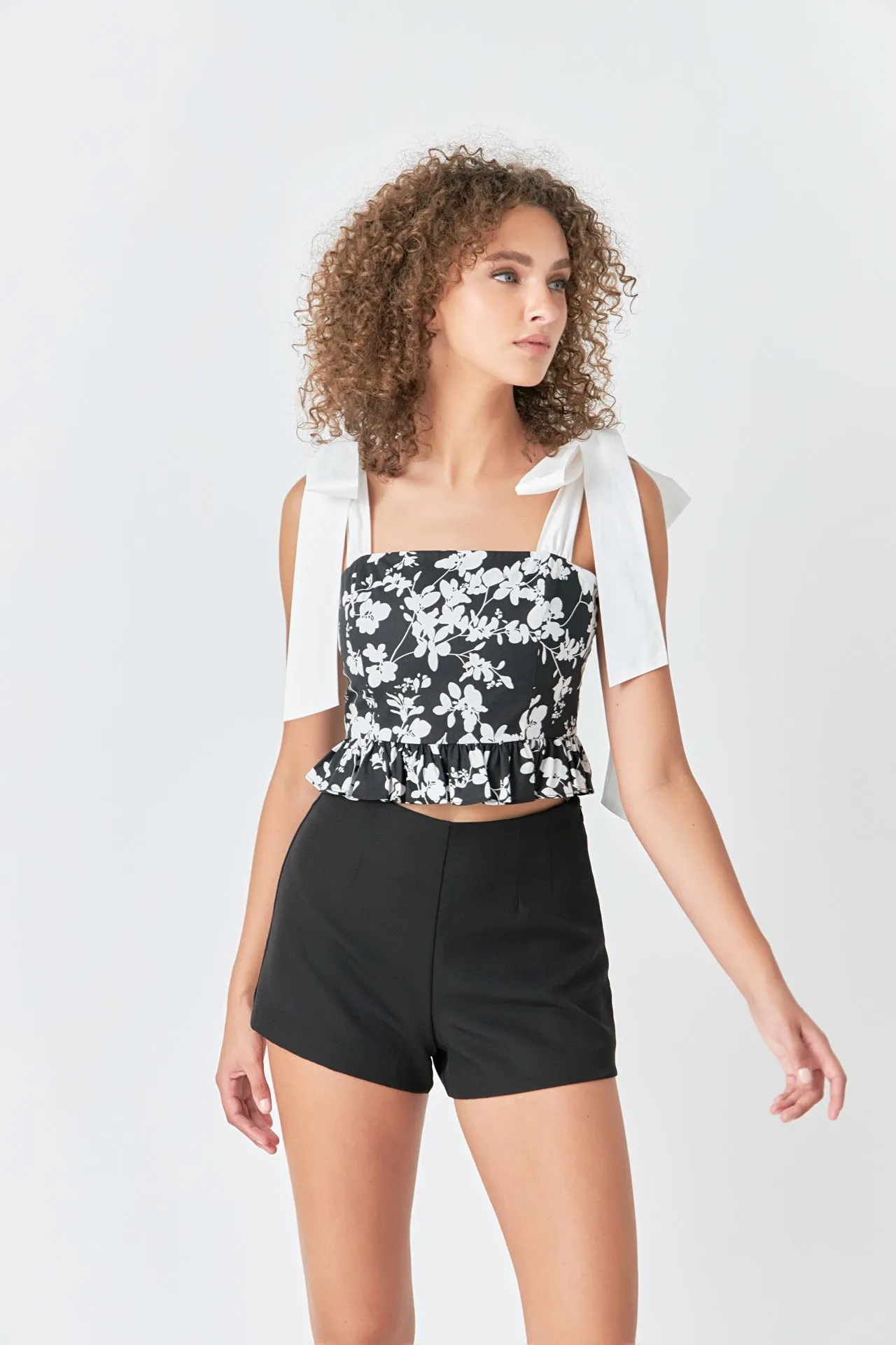 Contrast Bow Strap Printed Top