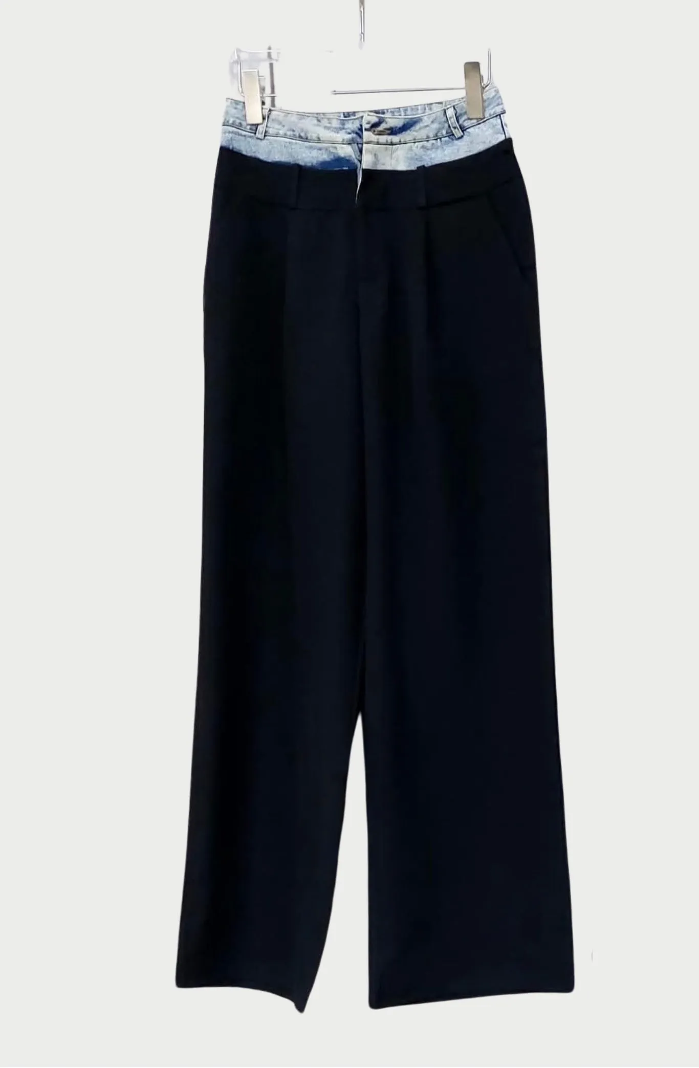 Contrast Denim Waistband Tailored Wideleg Pants