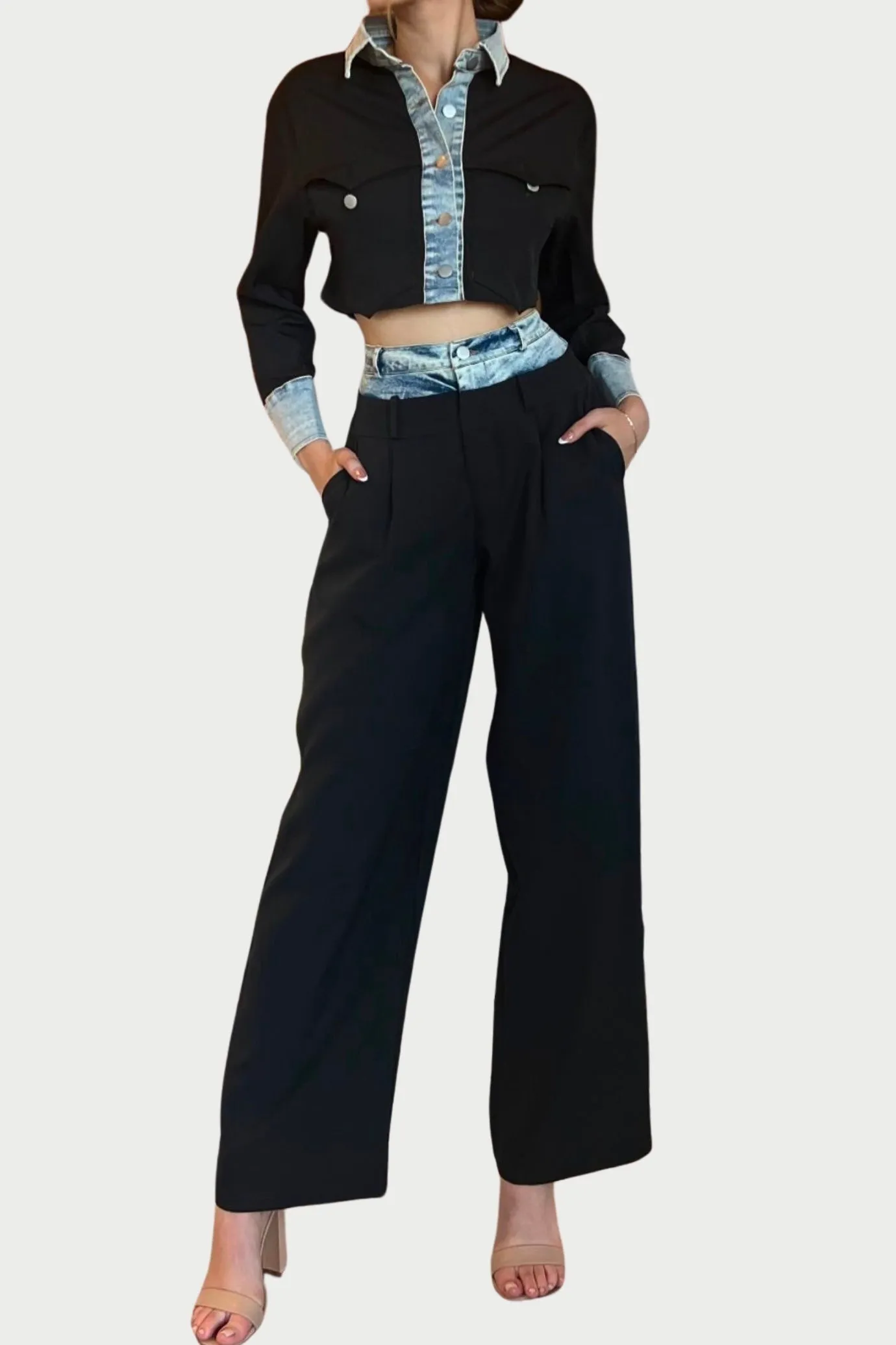 Contrast Denim Waistband Tailored Wideleg Pants