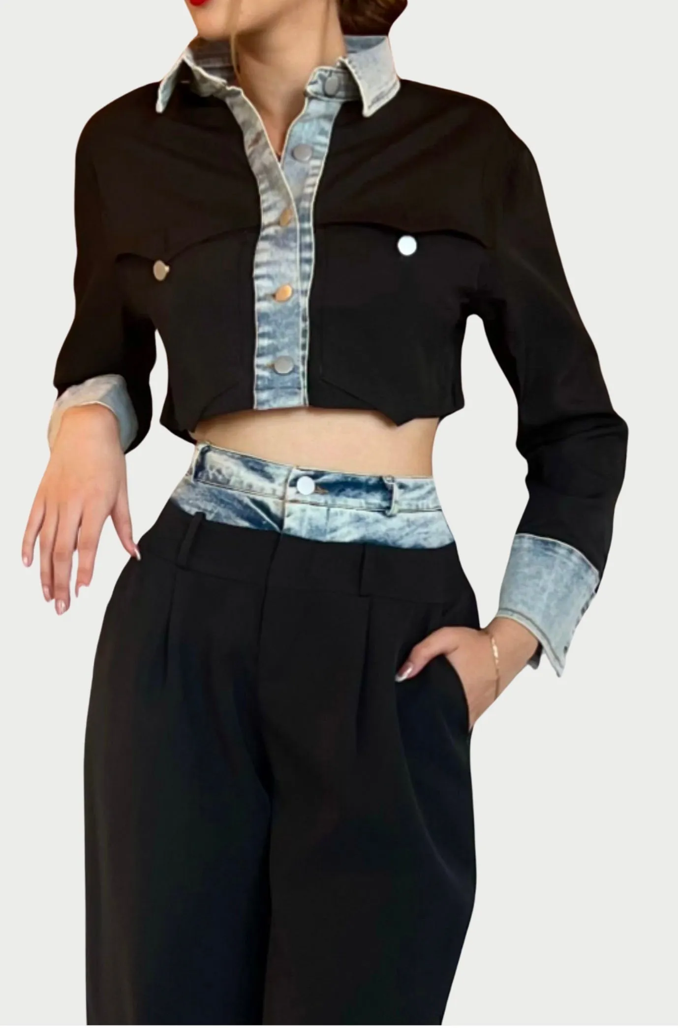 Contrast Denim Waistband Tailored Wideleg Pants