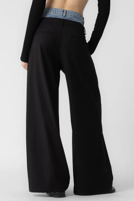 Contrast Denim Waistband Tailored Wideleg Pants