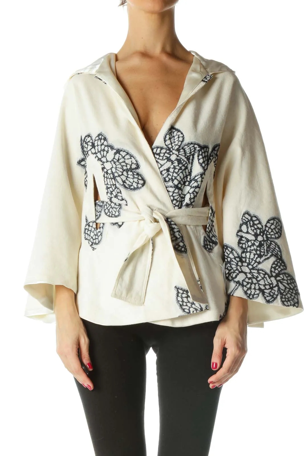 Cream Black Blue Embroidered Hooded Cape with Belt