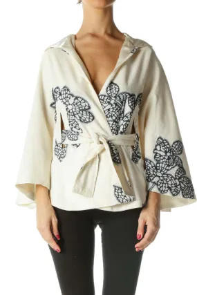 Cream Black Blue Embroidered Hooded Cape with Belt