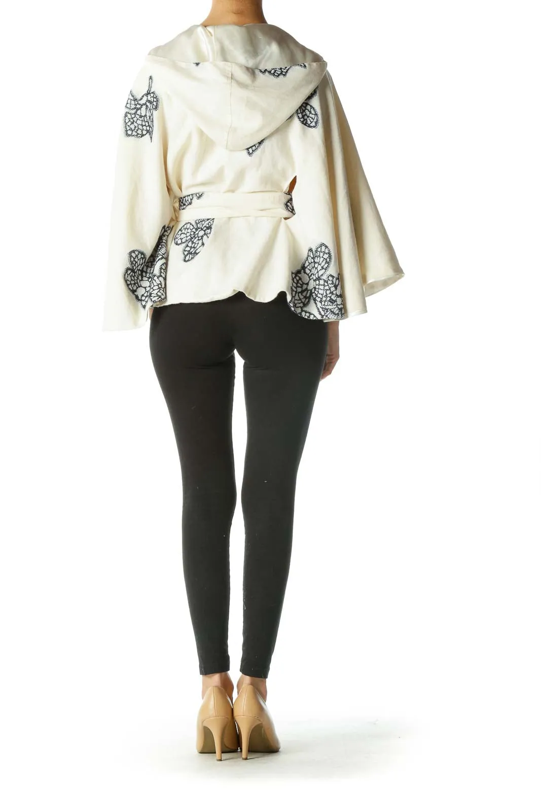 Cream Black Blue Embroidered Hooded Cape with Belt