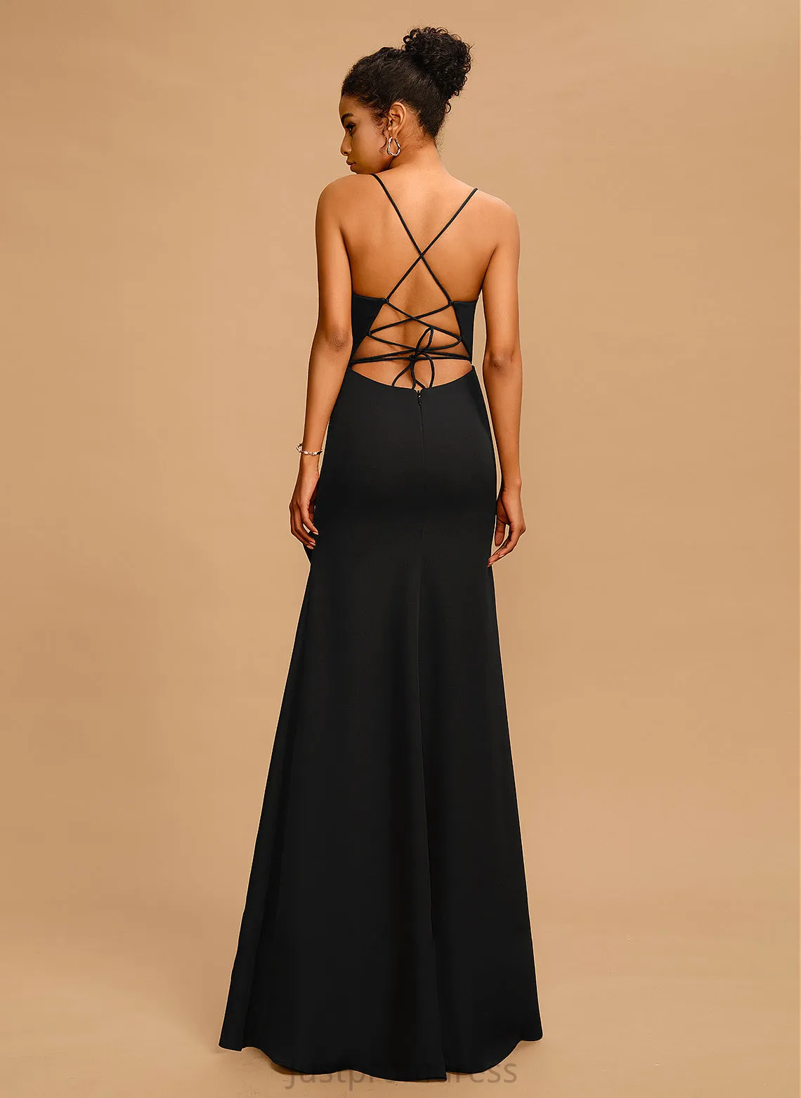 Crepe Neckline Square With Stretch Lesly Floor-Length Sheath/Column Ruffle Prom Dresses