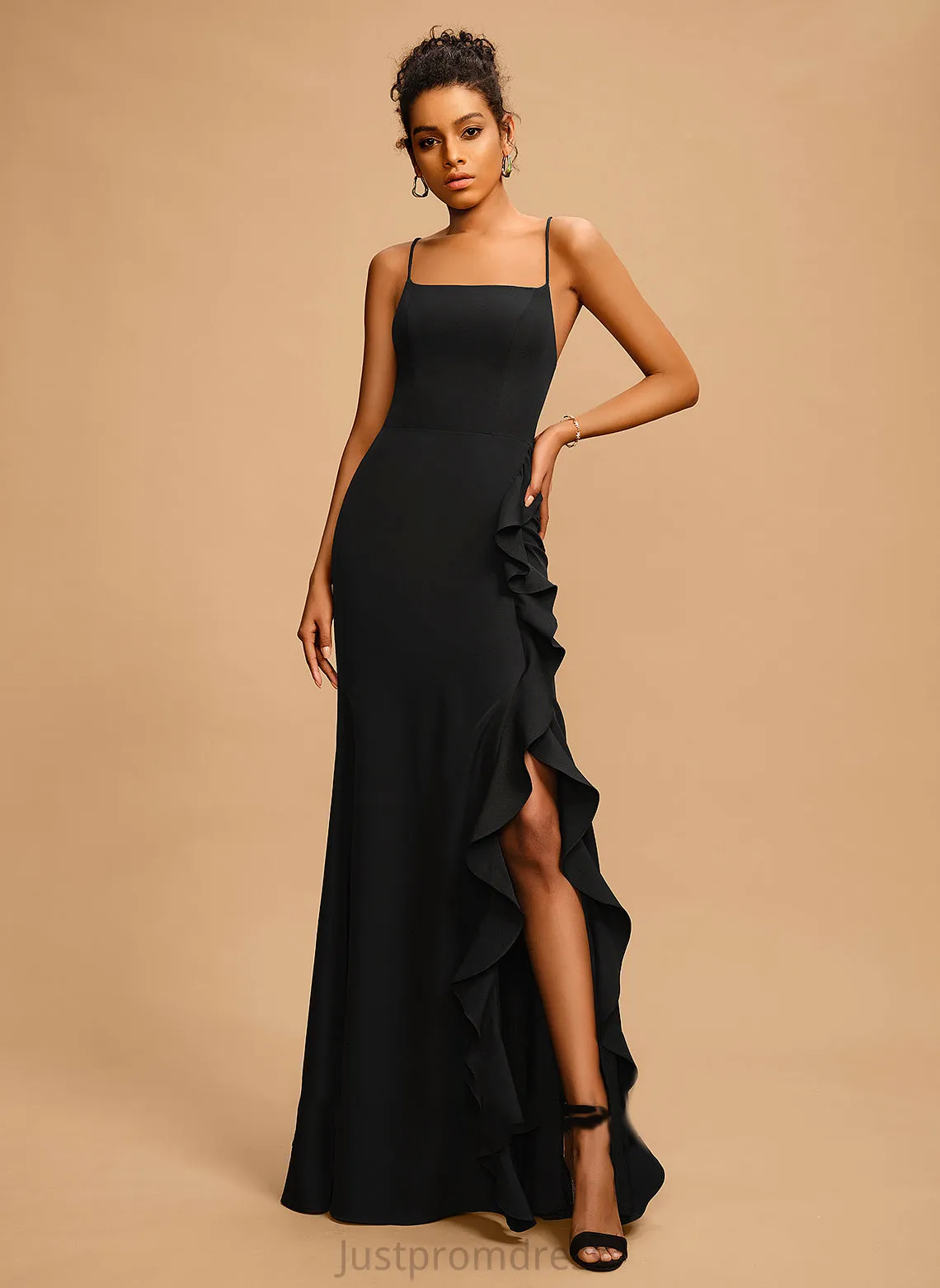 Crepe Neckline Square With Stretch Lesly Floor-Length Sheath/Column Ruffle Prom Dresses