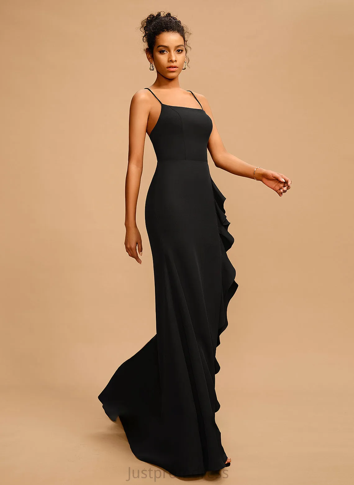 Crepe Neckline Square With Stretch Lesly Floor-Length Sheath/Column Ruffle Prom Dresses