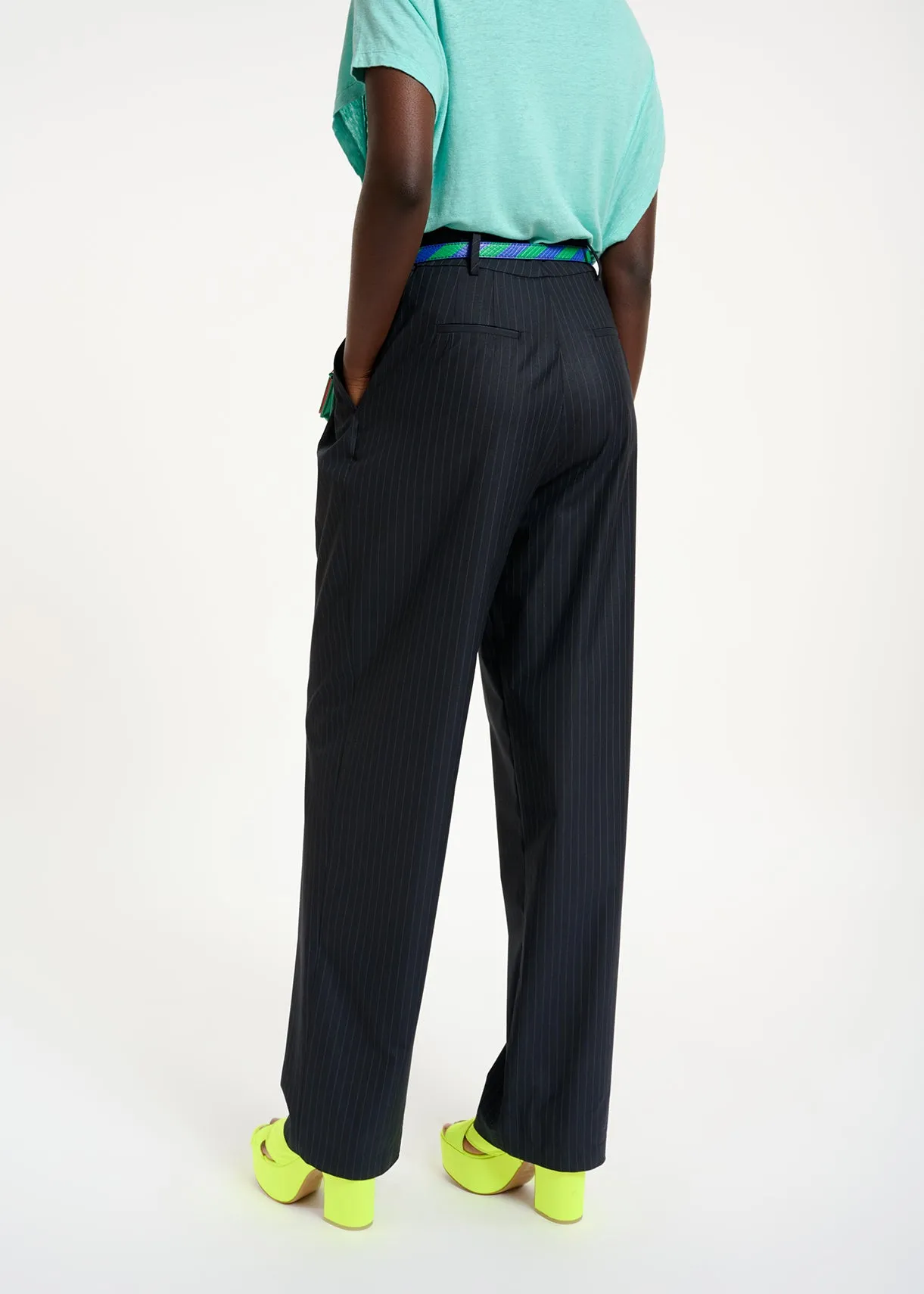 Dark blue pinstriped tailored pants