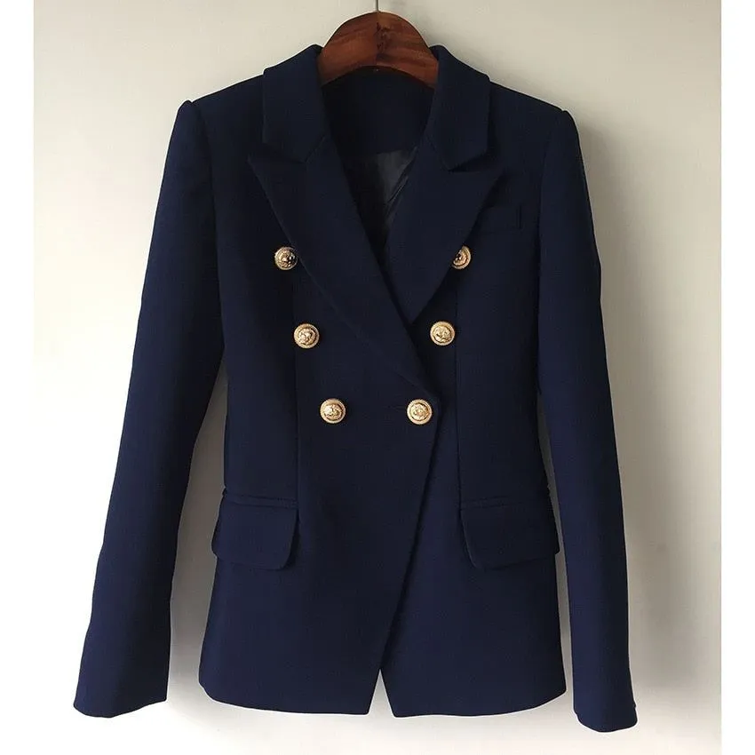 Dark Blue Women's Blazer Formal Double Breasted Buttons Blazer High Quality