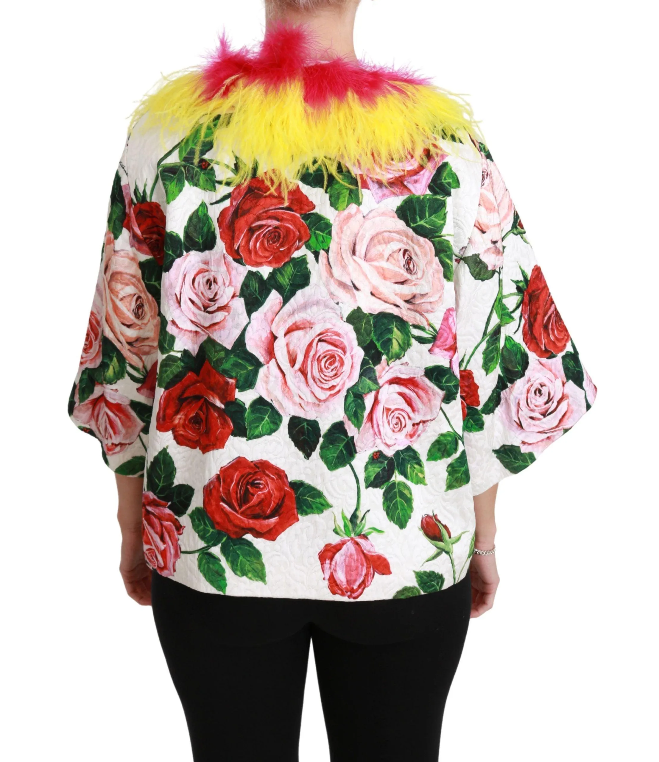 Dolce & Gabbana White Floral Coat Capte Fur Roses Jacket