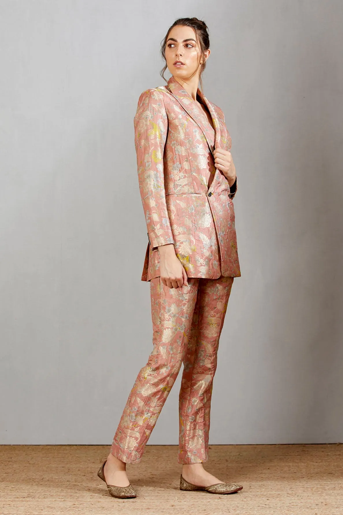 Double Breasted Blazer Silk Brocade Salmon