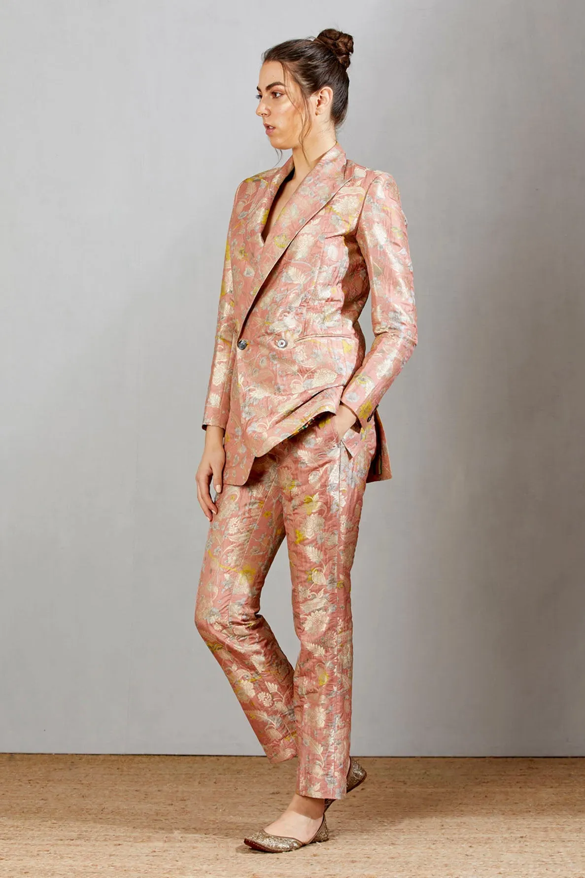 Double Breasted Blazer Silk Brocade Salmon